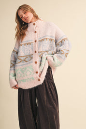 Lapland Geometric Fuzzy Knit Cardigan in Pink Multi, photo 6