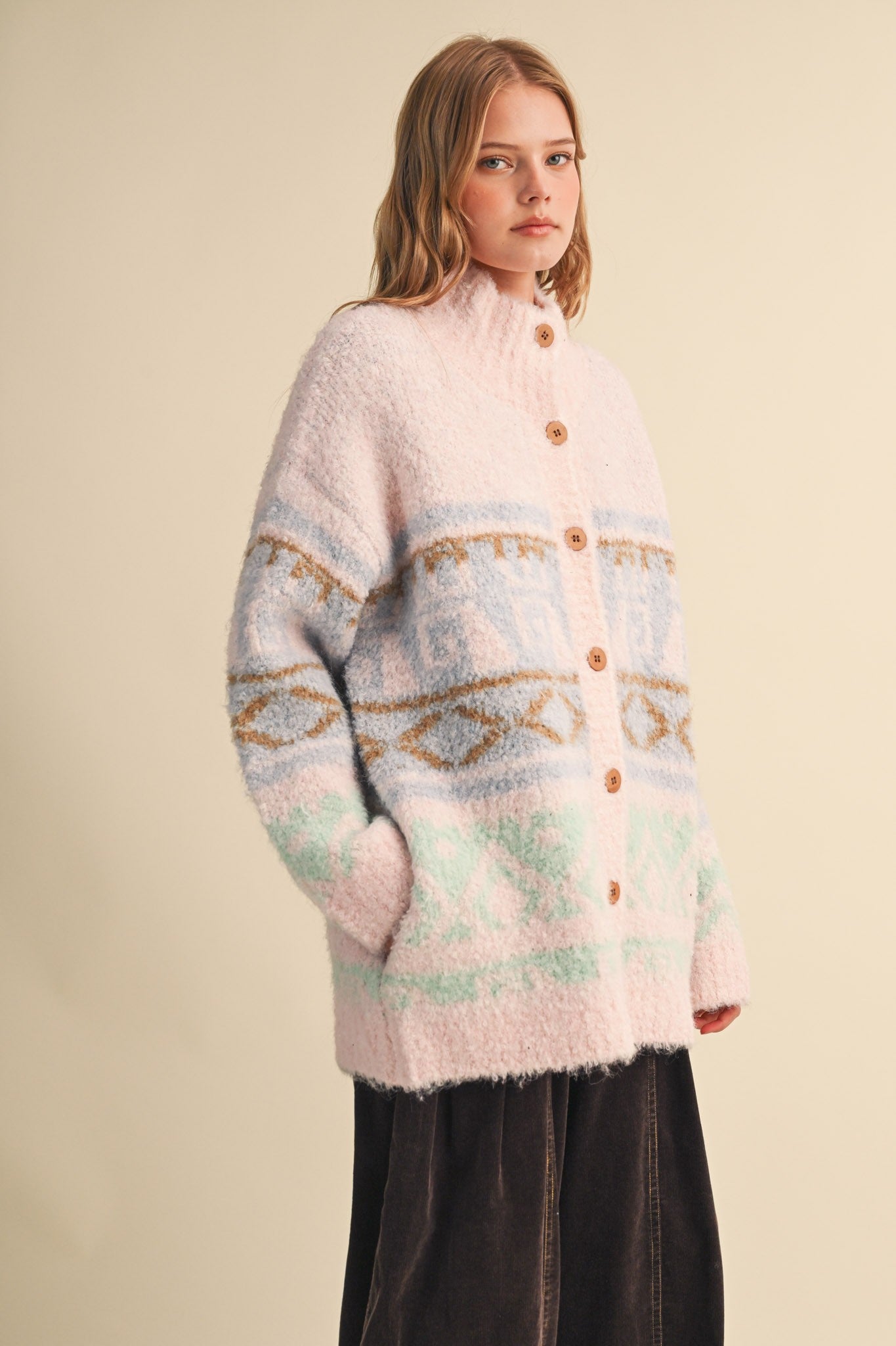 Lapland Geometric Fuzzy Knit Cardigan in Pink Multi, photo 7