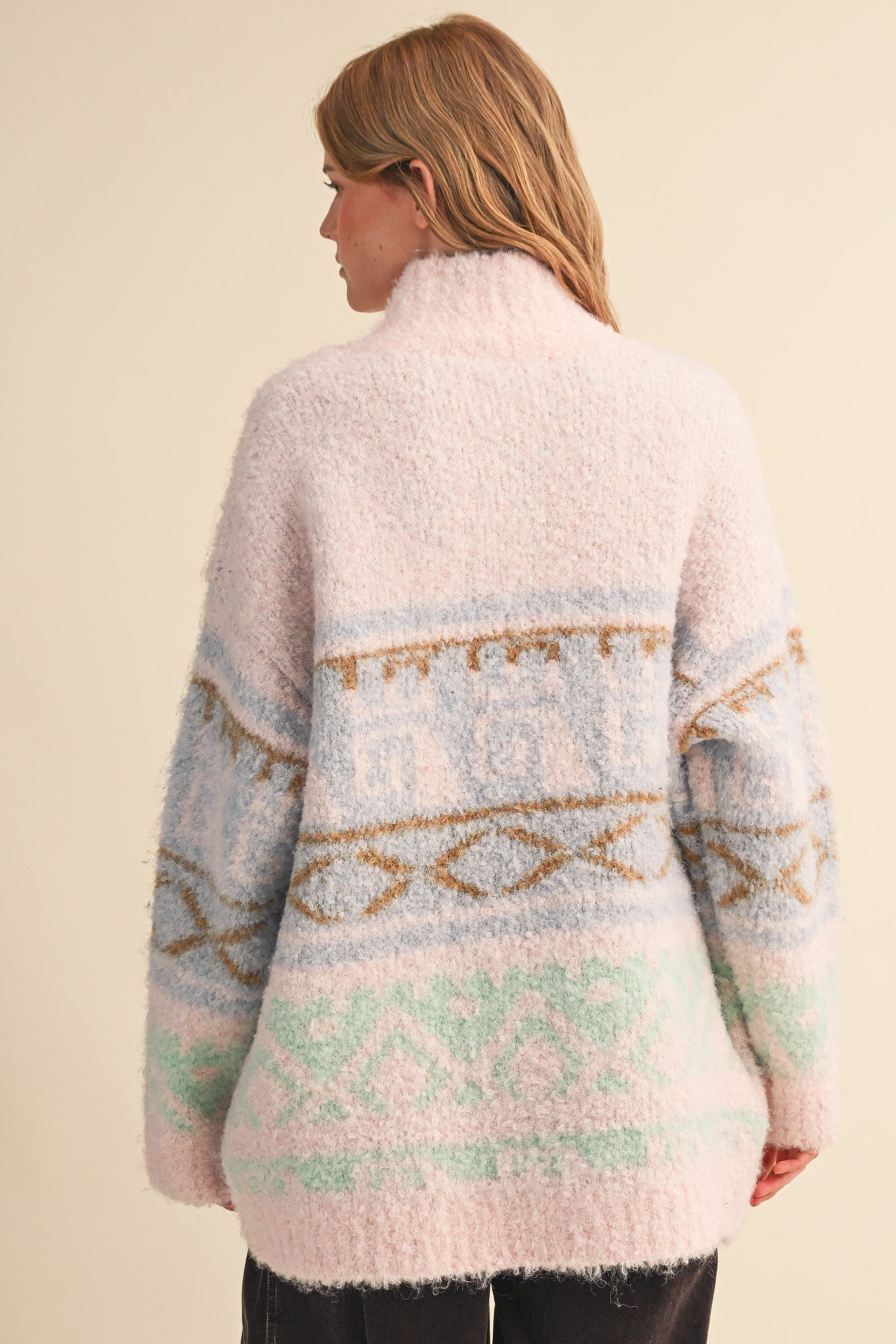 Lapland Geometric Fuzzy Knit Cardigan in Pink Multi, photo 8