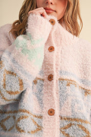 Lapland Geometric Fuzzy Knit Cardigan in Pink Multi, photo 9