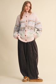 Lapland Geometric Fuzzy Knit Cardigan in Pink Multi, photo 11