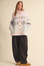 Lapland Geometric Fuzzy Knit Cardigan in Pink Multi, photo 12