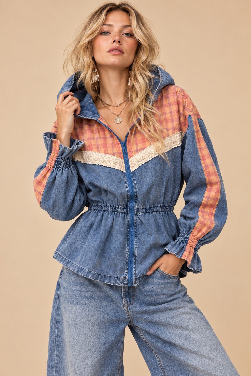 Larkspur Plaid Trim Hooded Denim Jacket - Westly