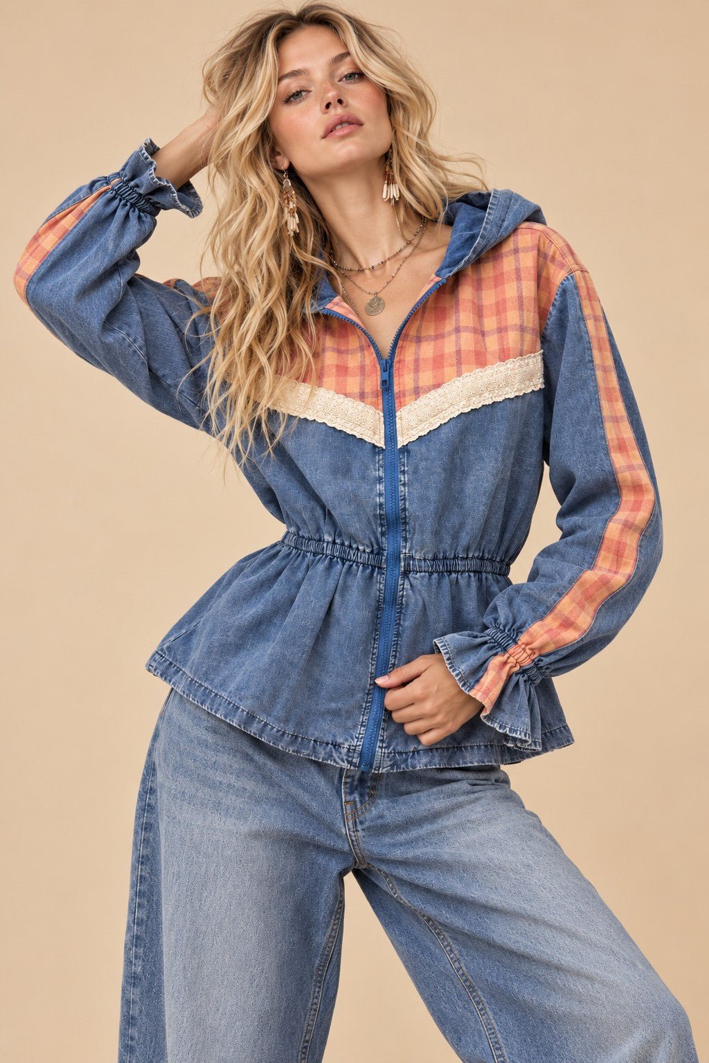 Larkspur Plaid Trim Hooded Denim Jacket - Westly