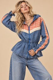 Larkspur Plaid Trim Hooded Denim Jacket - Westly