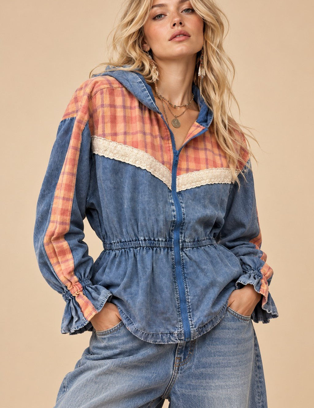 Larkspur Plaid Trim Hooded Denim Jacket - Westly