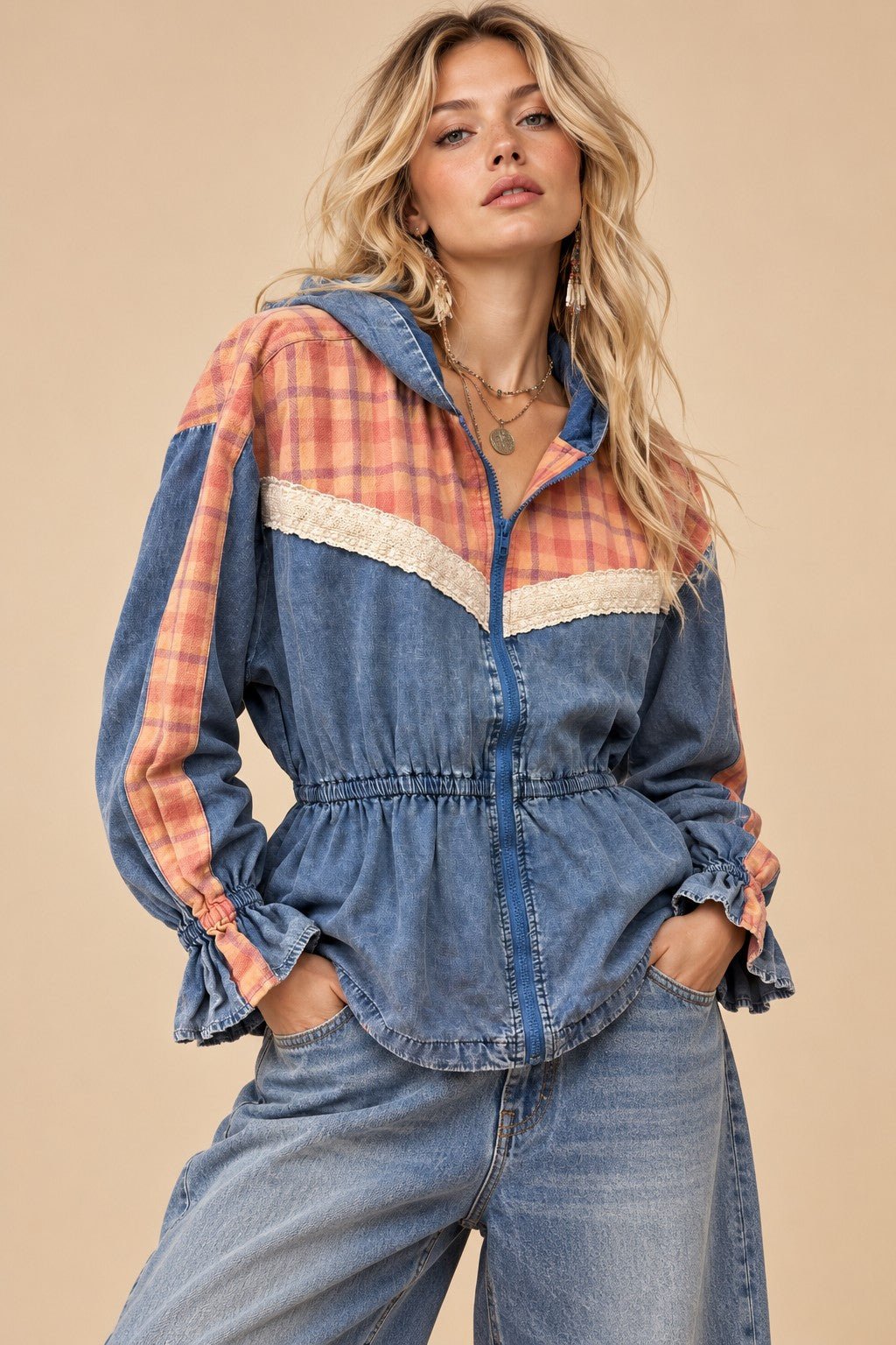 Larkspur Plaid Trim Hooded Denim Jacket - Westly