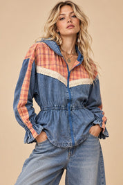 Larkspur Plaid Trim Hooded Denim Jacket - Westly
