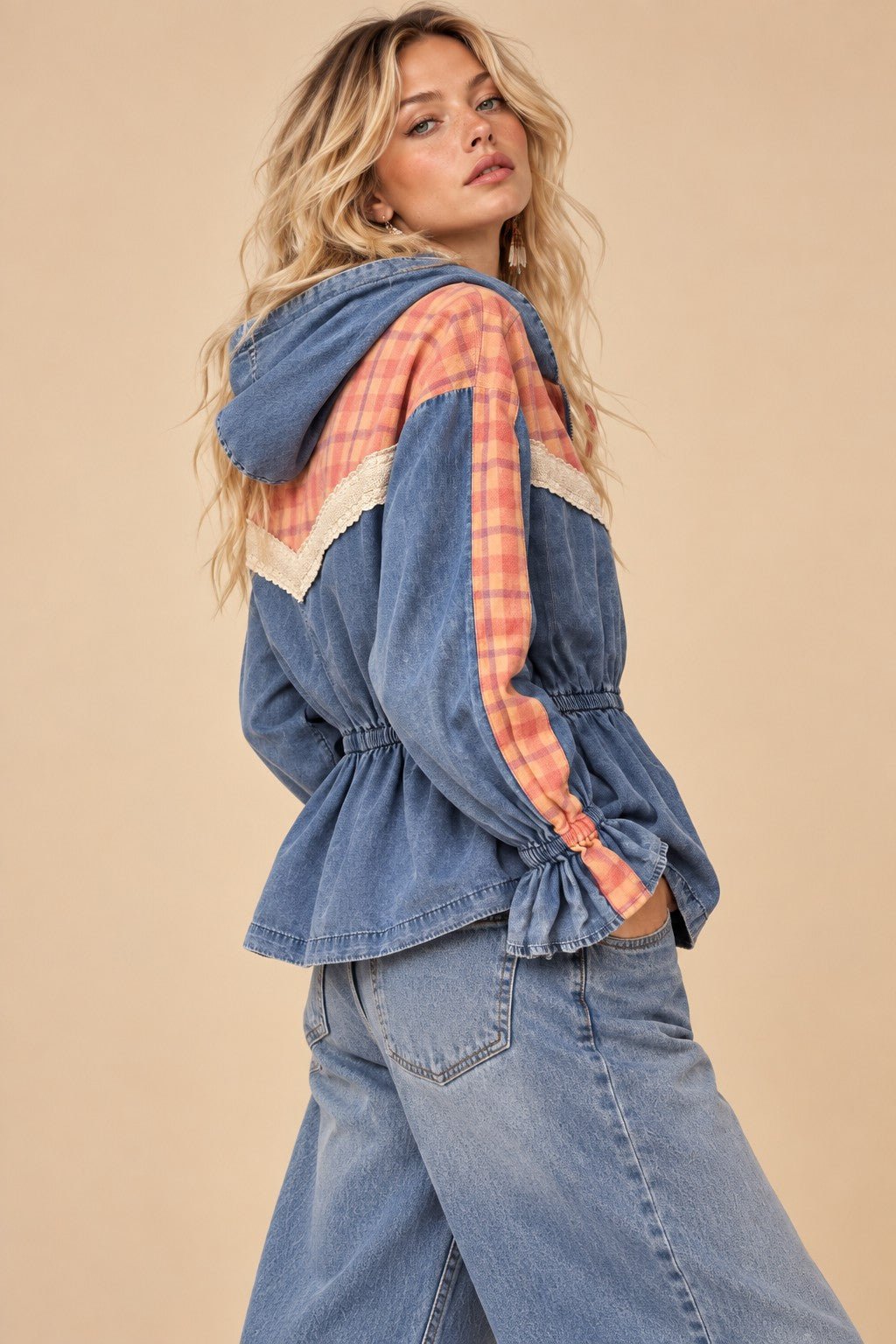 Larkspur Plaid Trim Hooded Denim Jacket - Westly