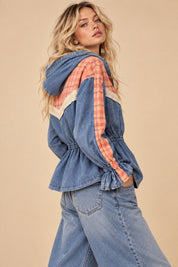 Larkspur Plaid Trim Hooded Denim Jacket - Westly