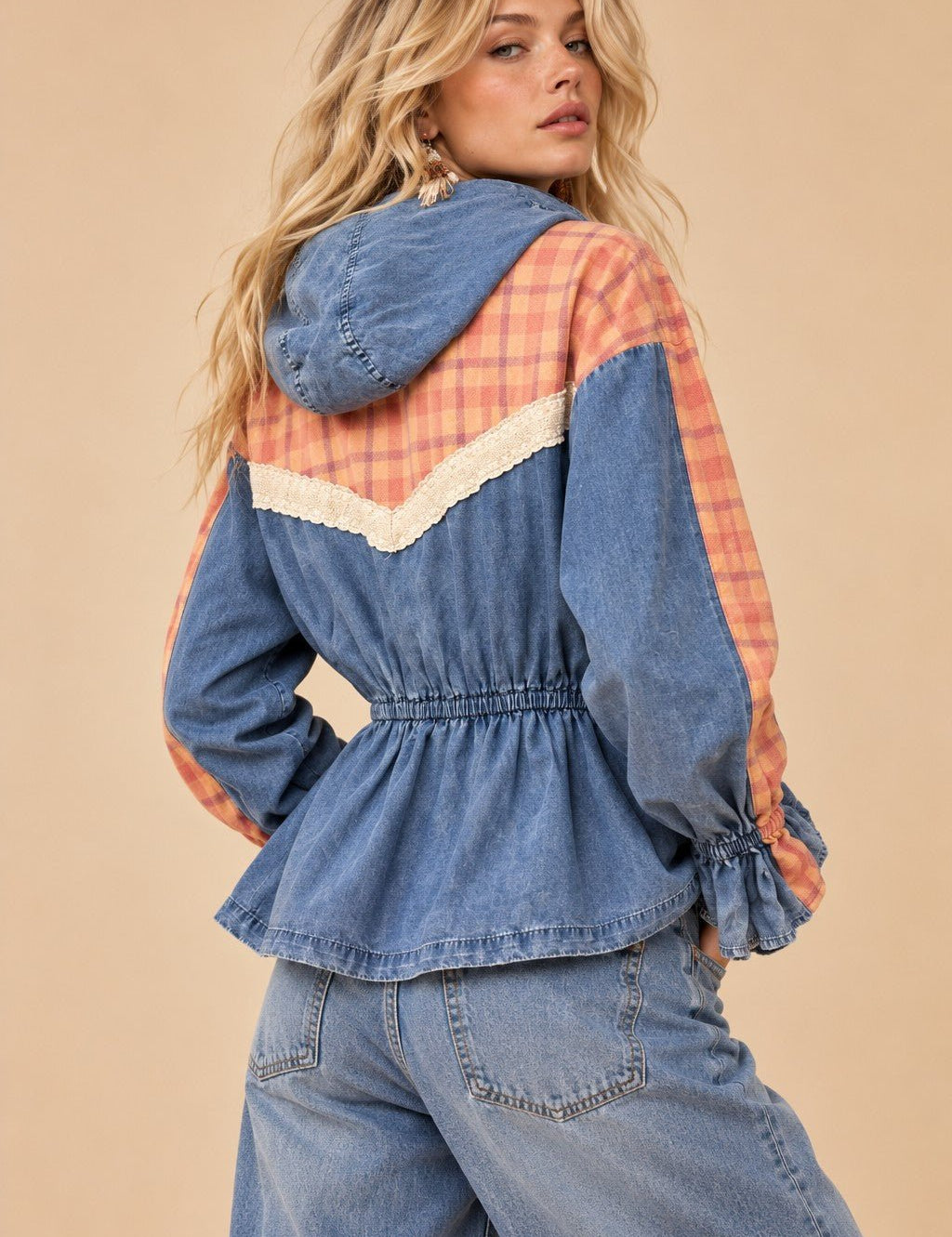 Larkspur Plaid Trim Hooded Denim Jacket - Westly