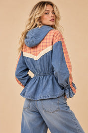 Larkspur Plaid Trim Hooded Denim Jacket - Westly