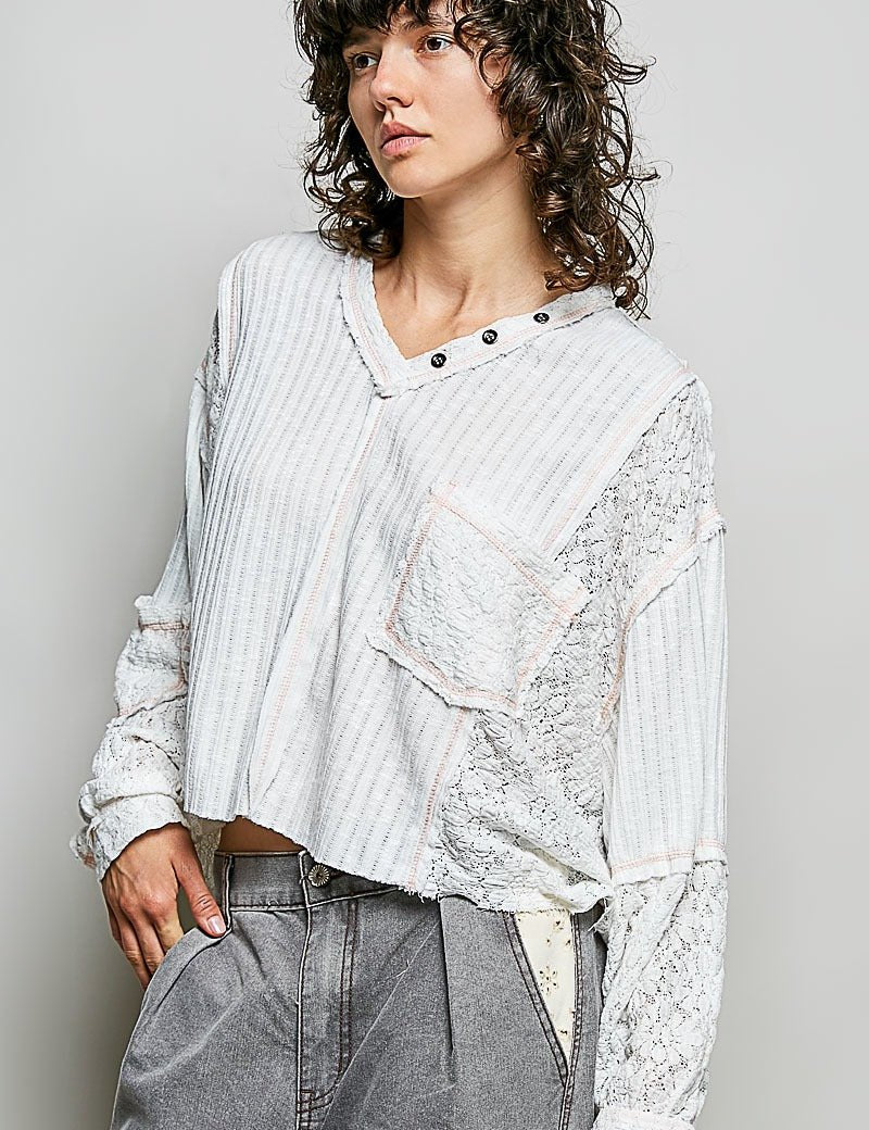 Late Checkout Mixed Texture V-Neck Top - Westly