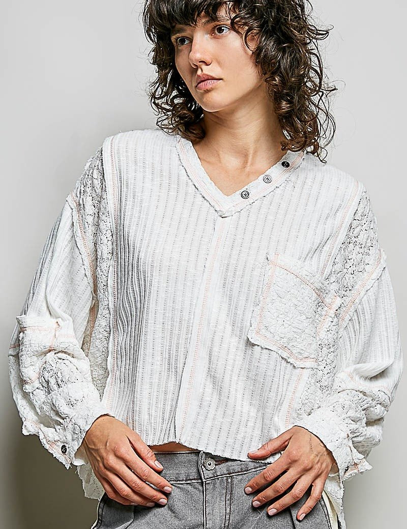Late Checkout Mixed Texture V-Neck Top - Westly