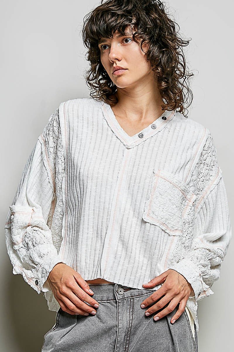Late Checkout Mixed Texture V-Neck Top - Westly