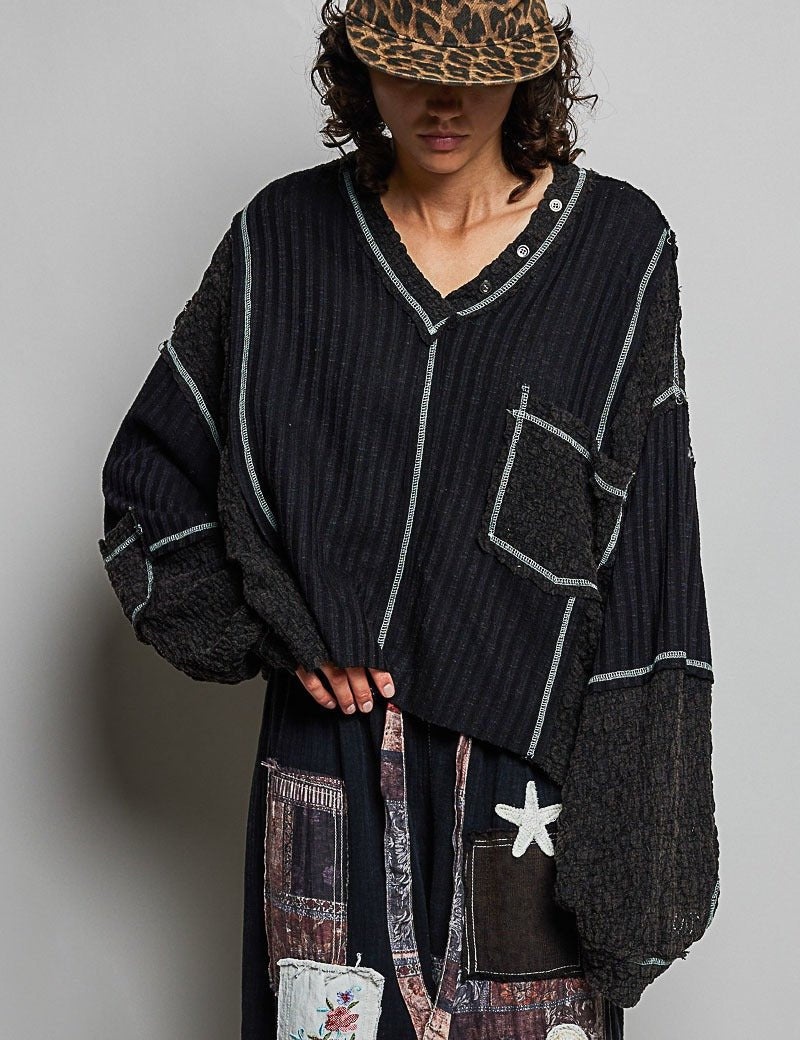 Late Checkout Mixed Texture V-Neck Top - Westly