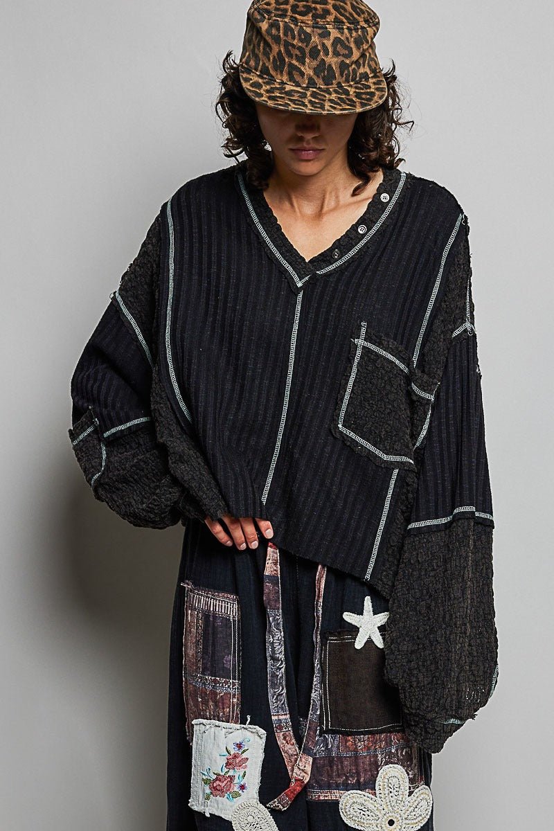 Late Checkout Mixed Texture V-Neck Top - Westly