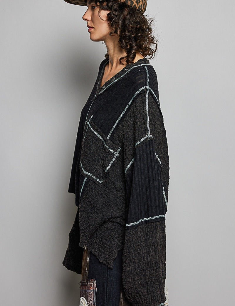 Late Checkout Mixed Texture V-Neck Top - Westly