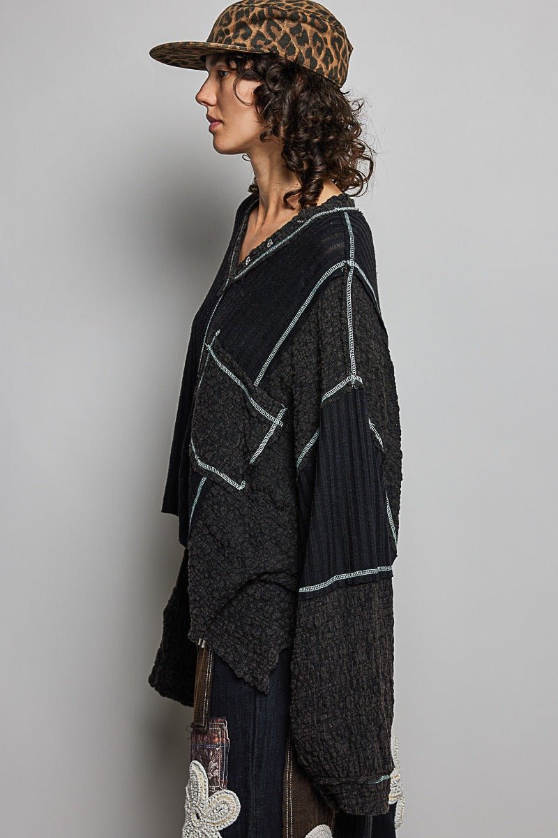 Late Checkout Mixed Texture V-Neck Top - Westly