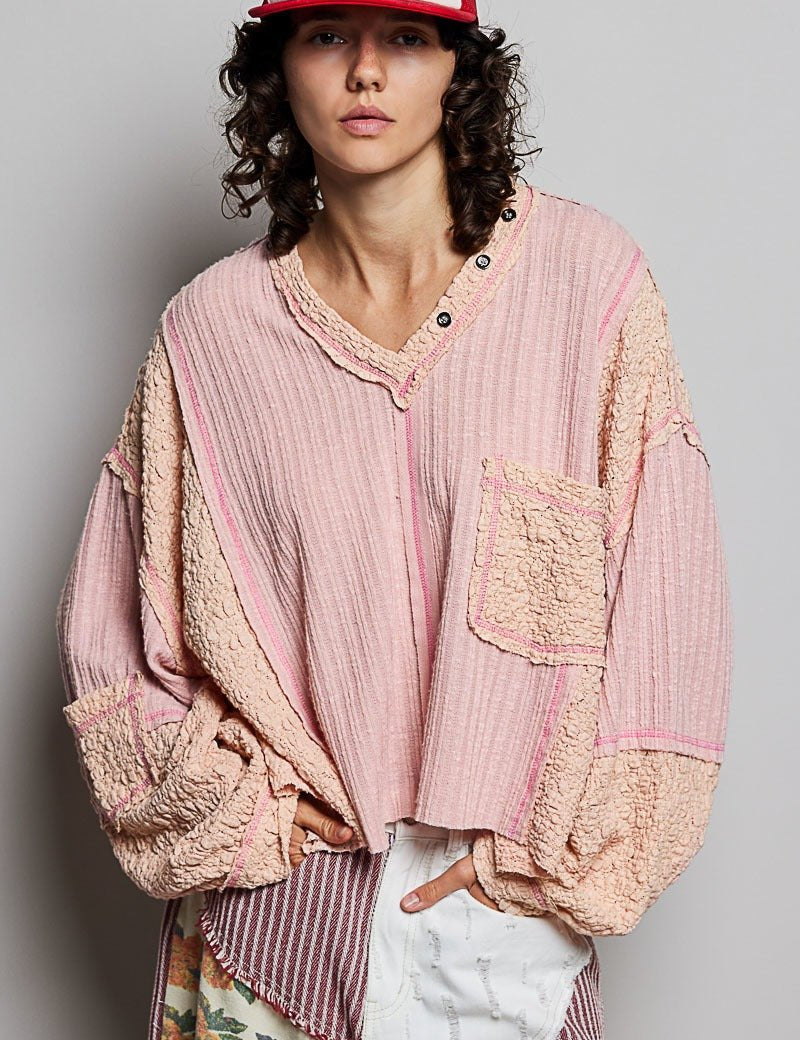 Late Checkout Mixed Texture V-Neck Top - Westly