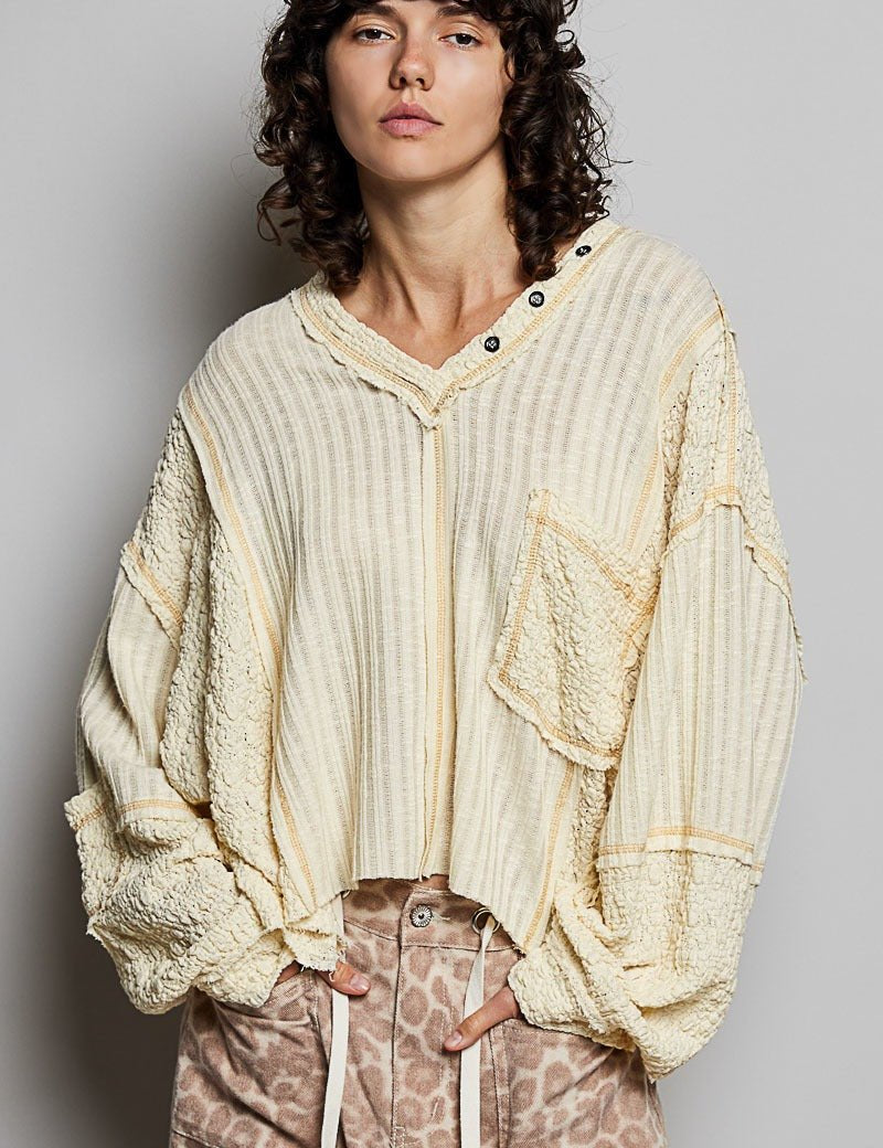 Late Checkout Mixed Texture V-Neck Top - Westly