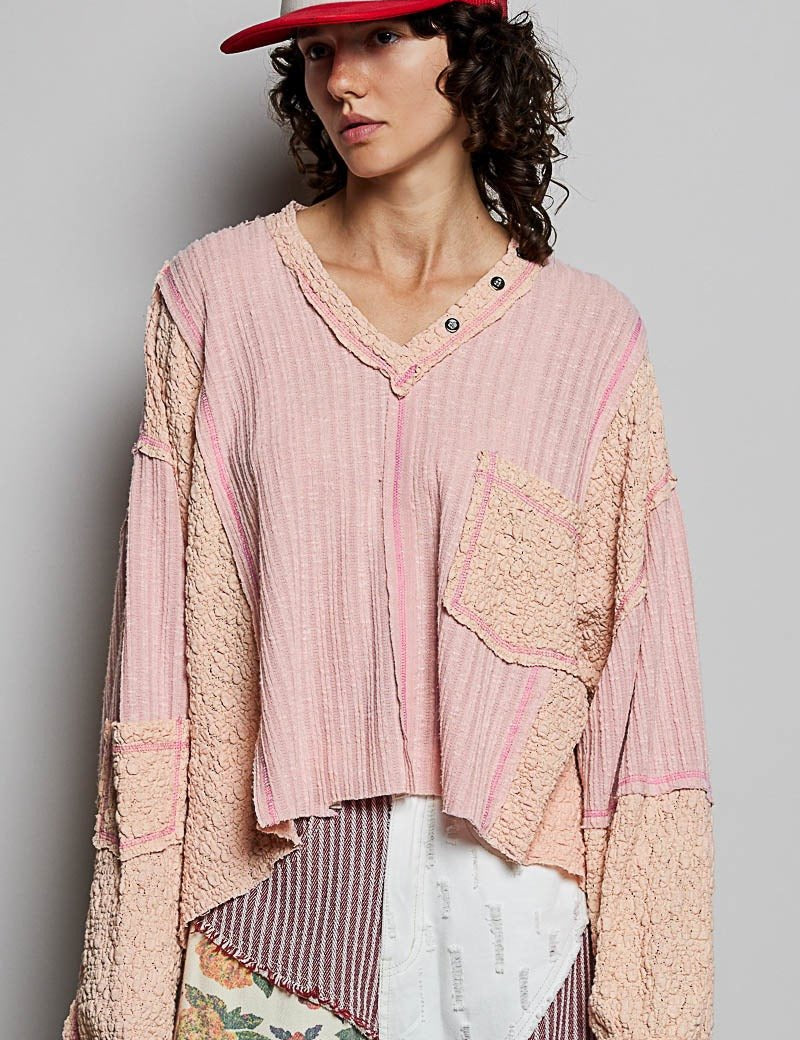 Late Checkout Mixed Texture V-Neck Top - Westly