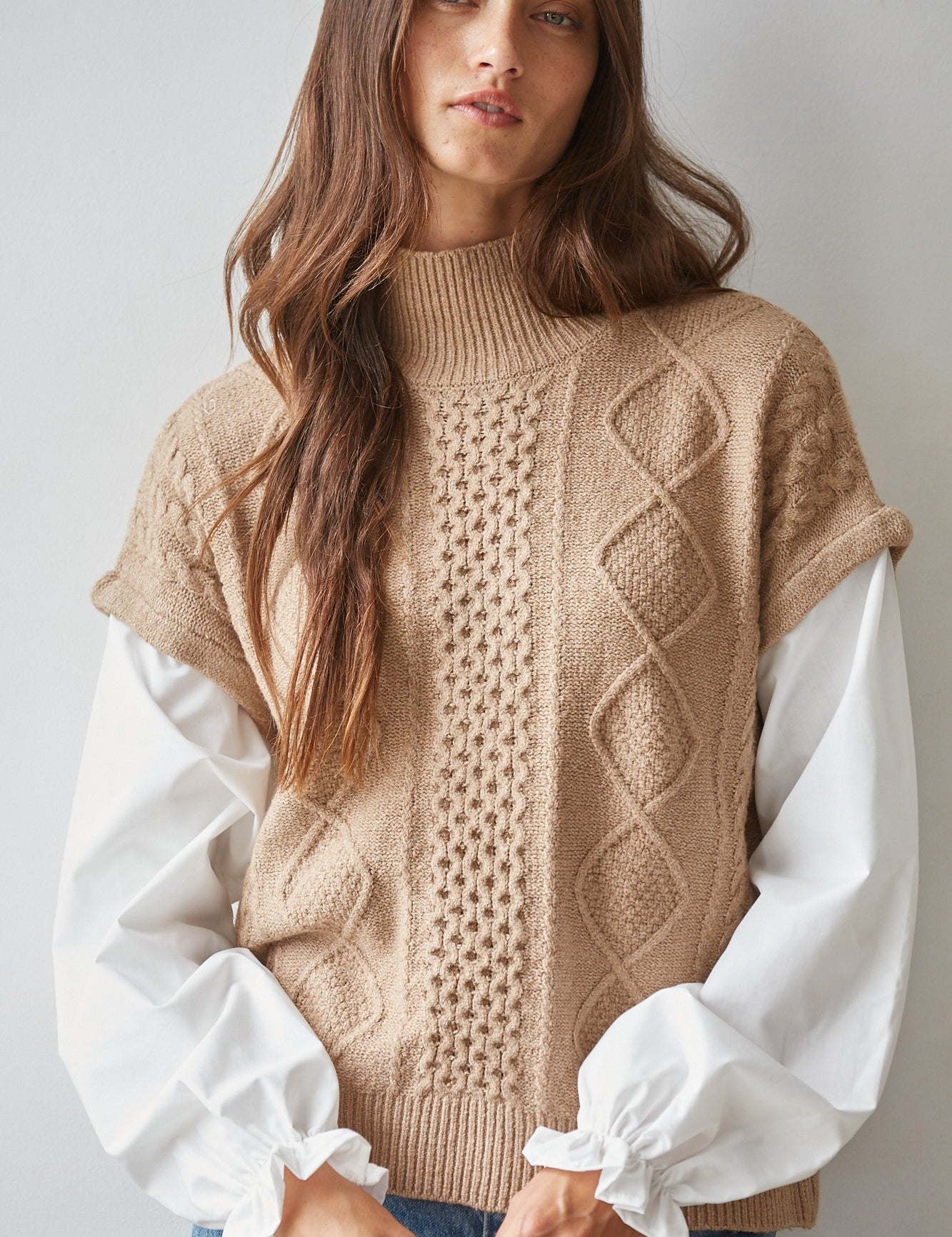 Layered Perspective Cable Knit Top in Brown White - product photo 1