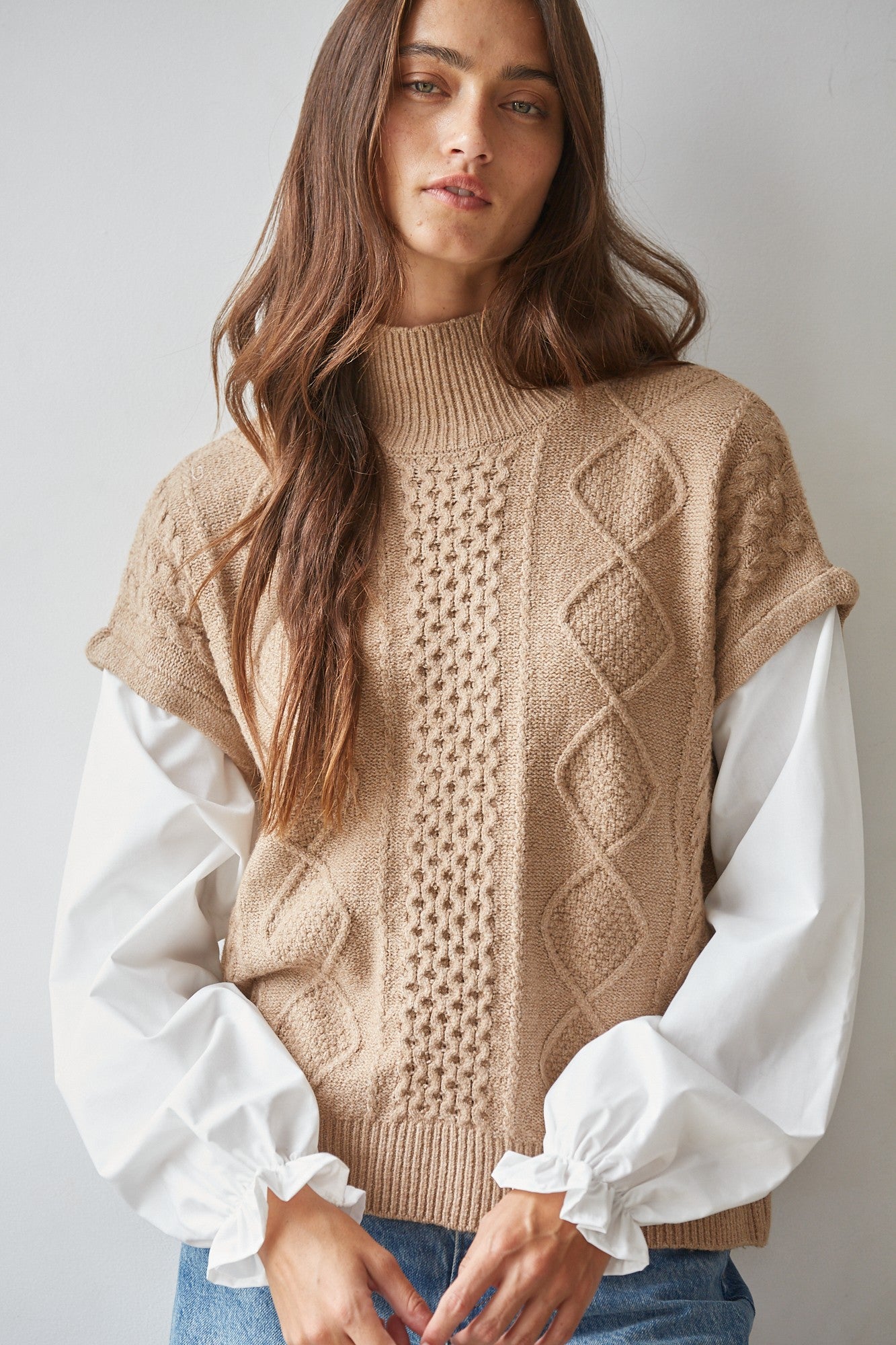 Layered Perspective Cable Knit Top in Brown White - product photo 1