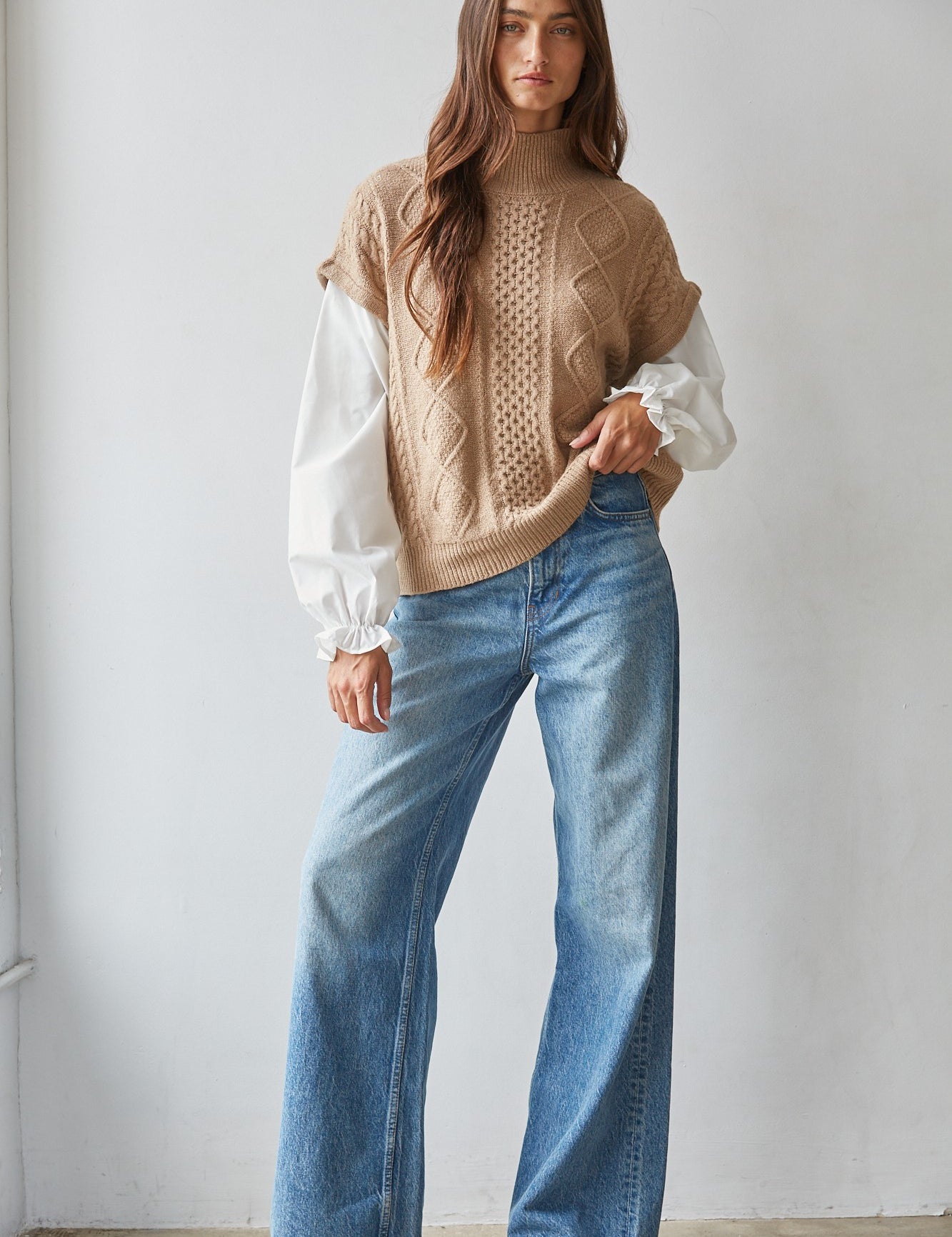 Layered Perspective Cable Knit Top in Brown White - product photo 2