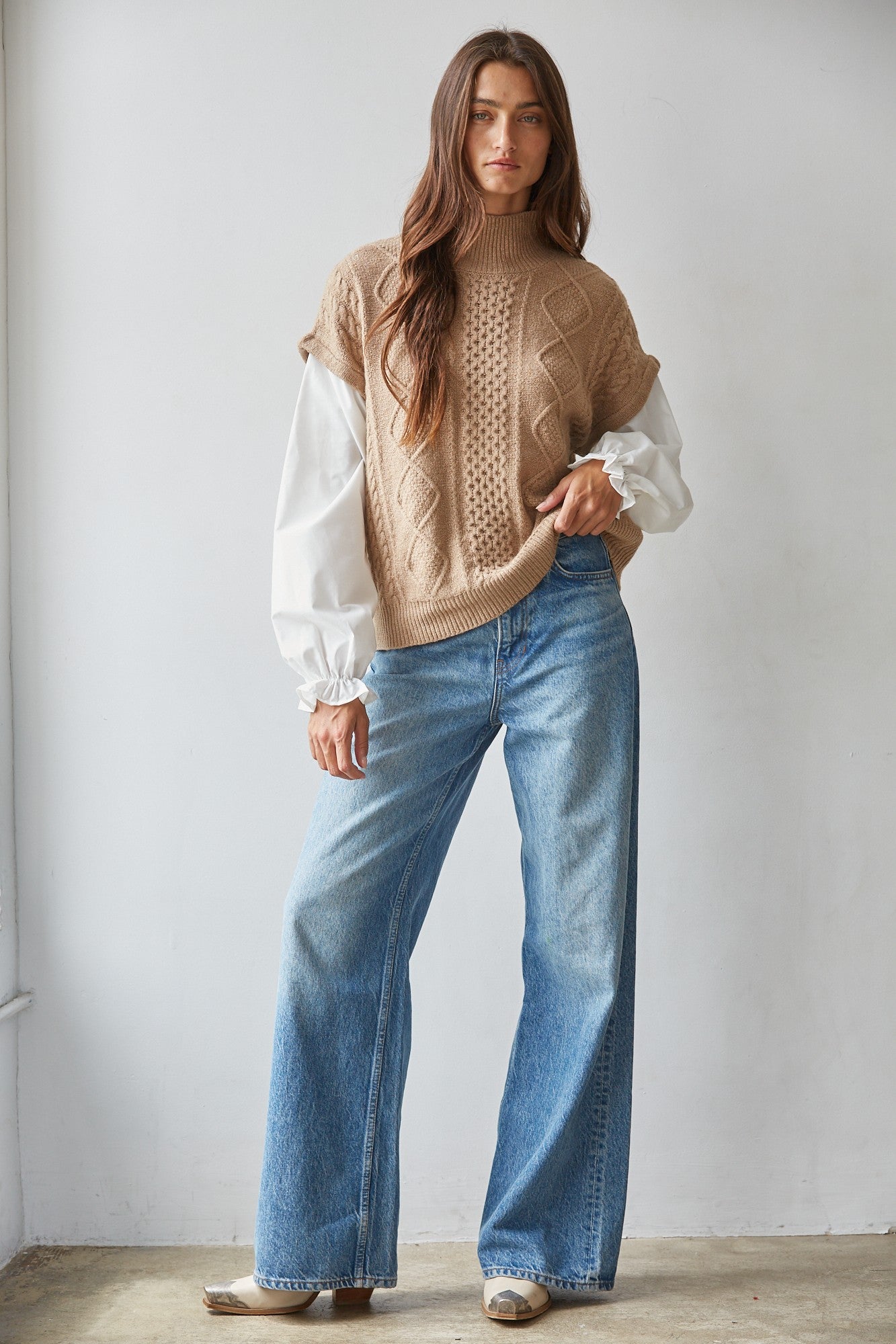 Layered Perspective Cable Knit Top in Brown White - product photo 2