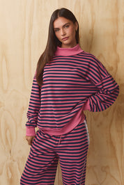 Leisureline Mock Neck Sweatshirt - Pink Navy Stripe