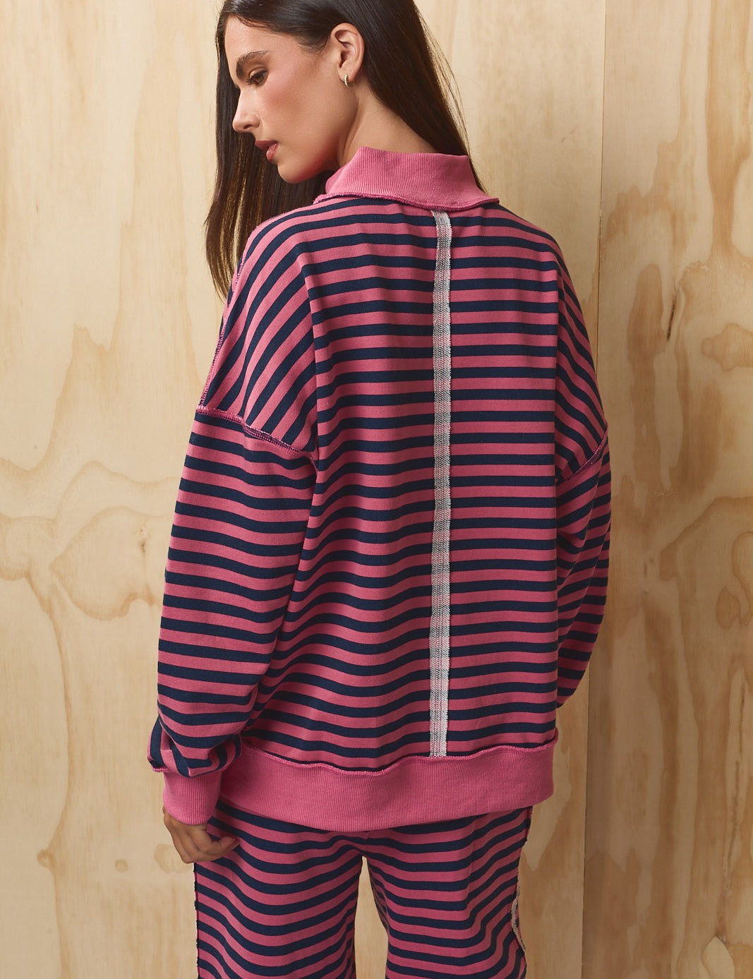 Leisureline Mock Neck Sweatshirt - Pink Navy Stripe