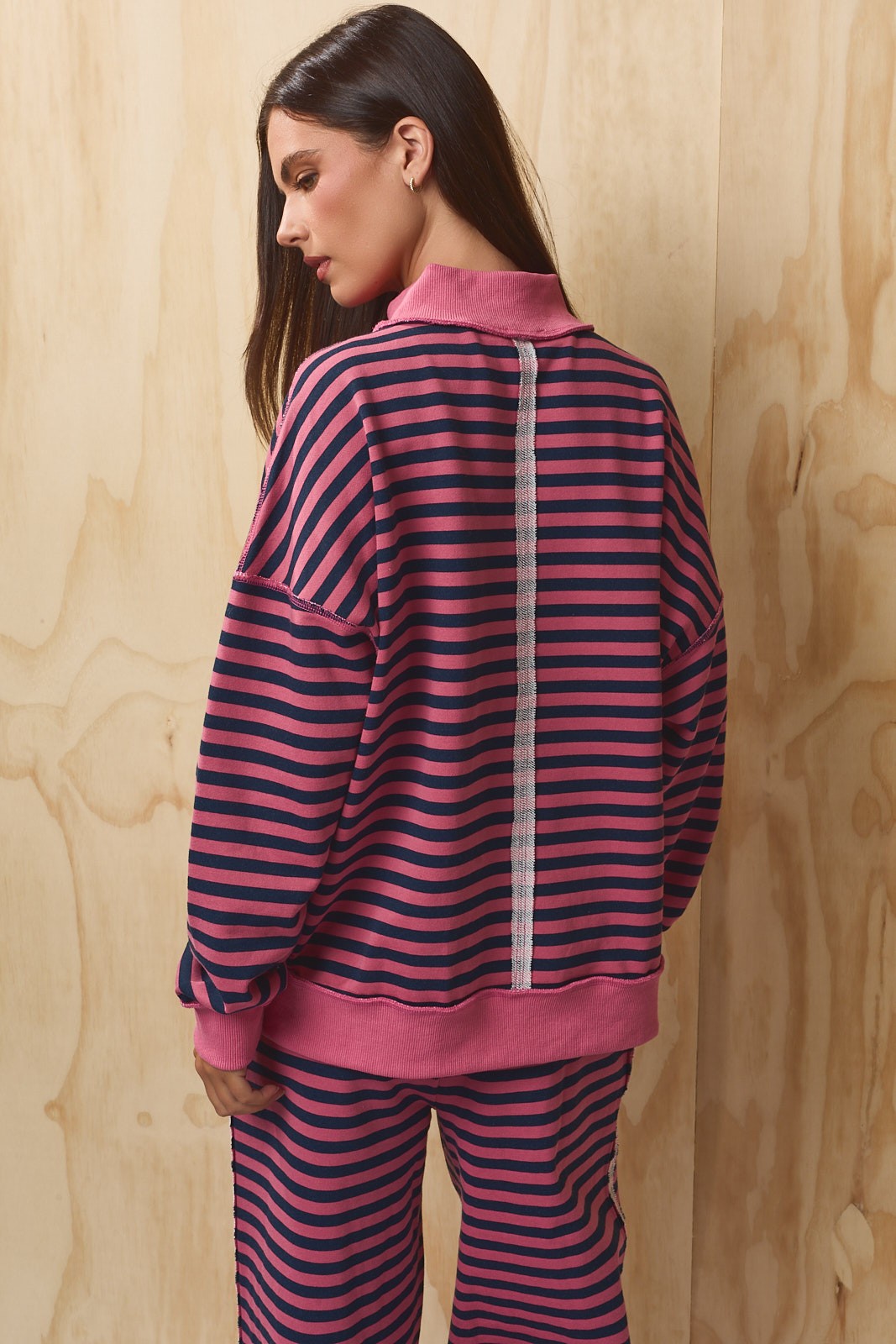 Leisureline Mock Neck Sweatshirt - Pink Navy Stripe