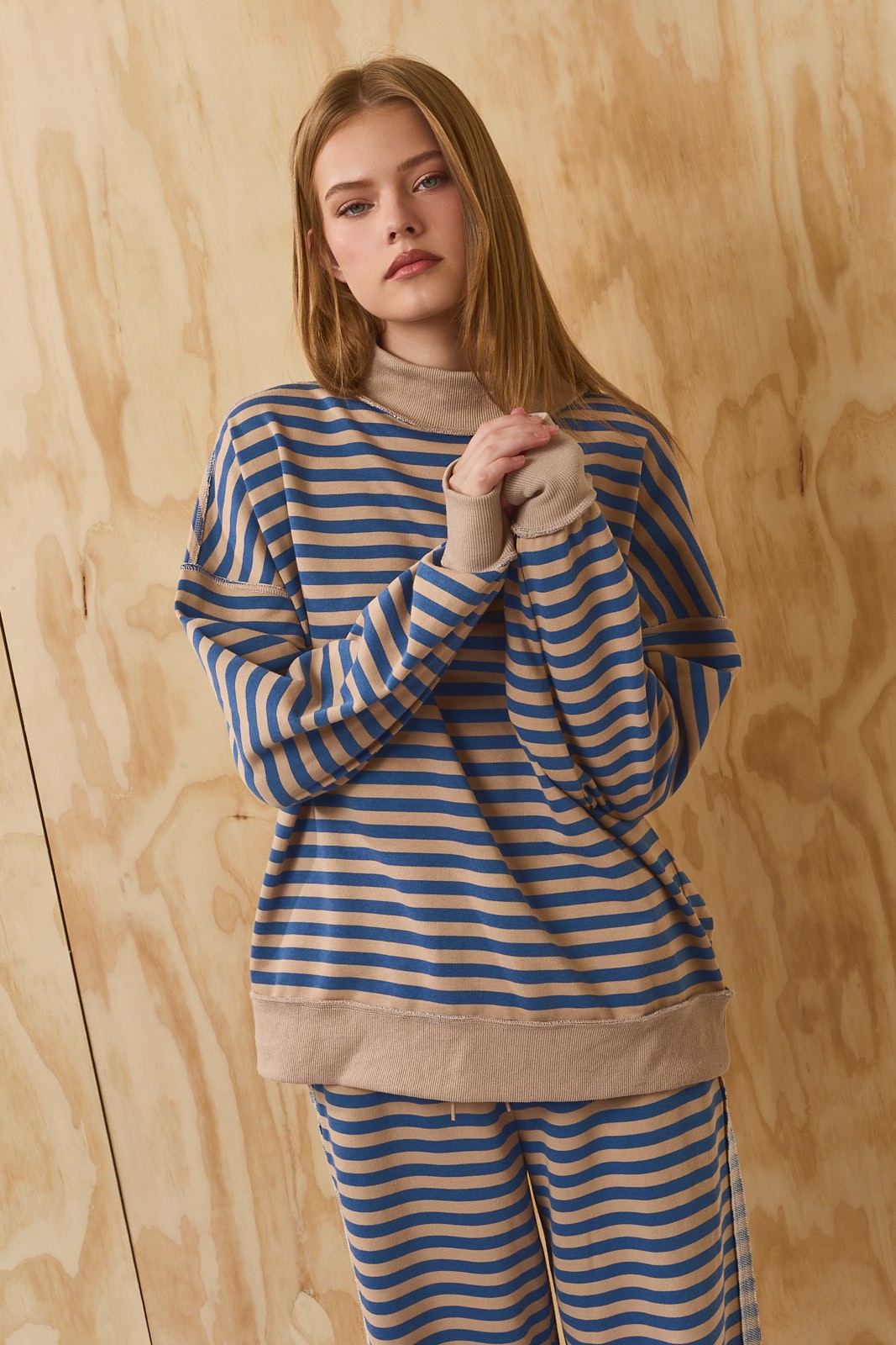 Leisureline Mock Neck Sweatshirt - Tan Blue Stripe