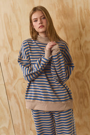 Leisureline Mock Neck Sweatshirt - Tan Blue Stripe