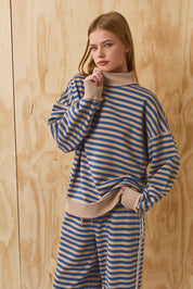 Leisureline Mock Neck Sweatshirt - Tan Blue Stripe