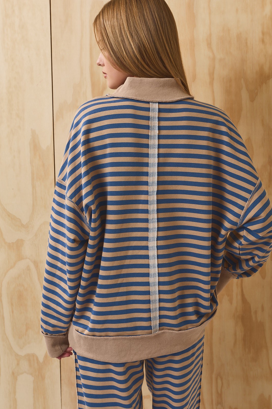 Leisureline Mock Neck Sweatshirt - Tan Blue Stripe
