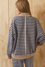 Leisureline Mock Neck Sweatshirt - Tan Blue Stripe