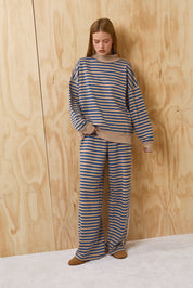 Leisureline Mock Neck Sweatshirt - Tan Blue Stripe