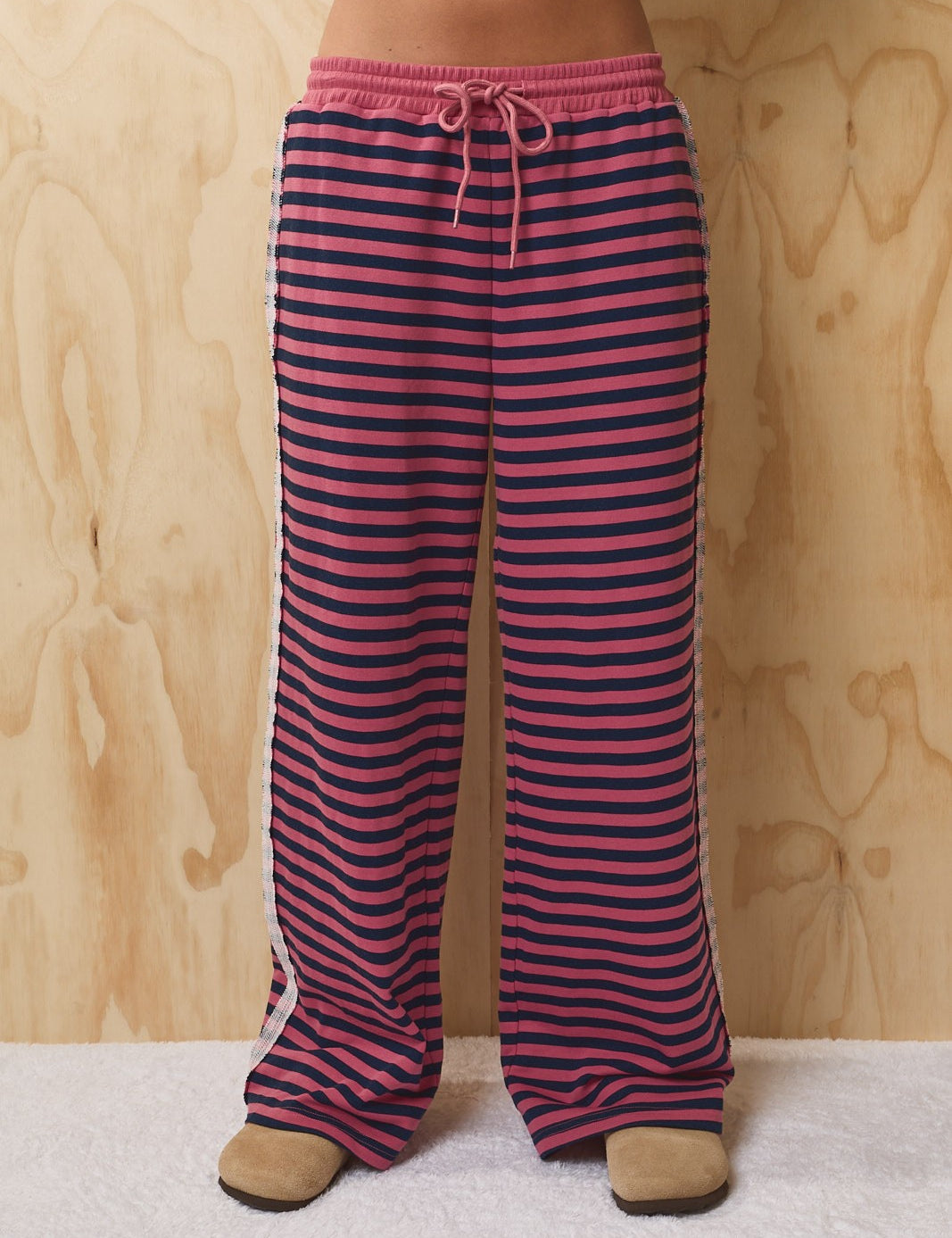 Leisureline Wide Leg Lounge Pants - Pink Navy Stripe