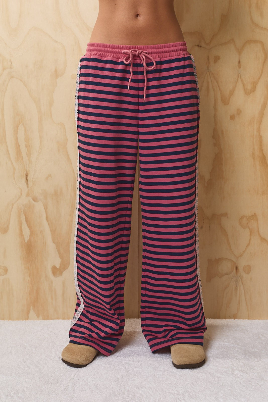 Leisureline Wide Leg Lounge Pants - Pink Navy Stripe