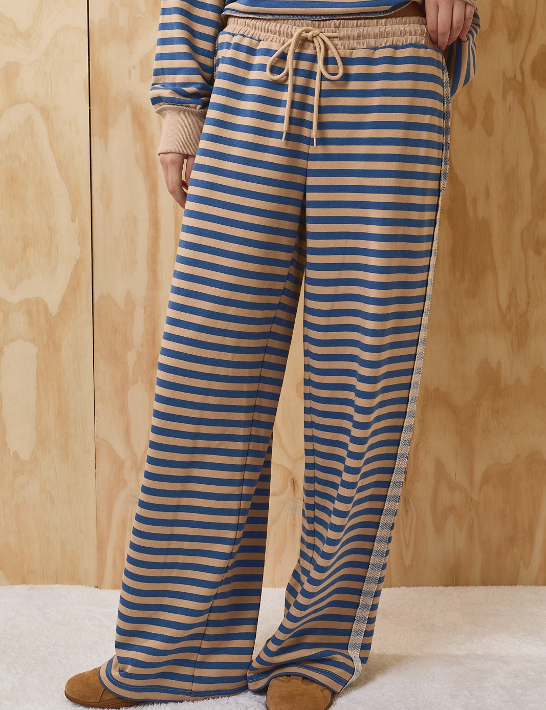 Leisureline Wide Leg Lounge Pants - Tan Blue Stripe