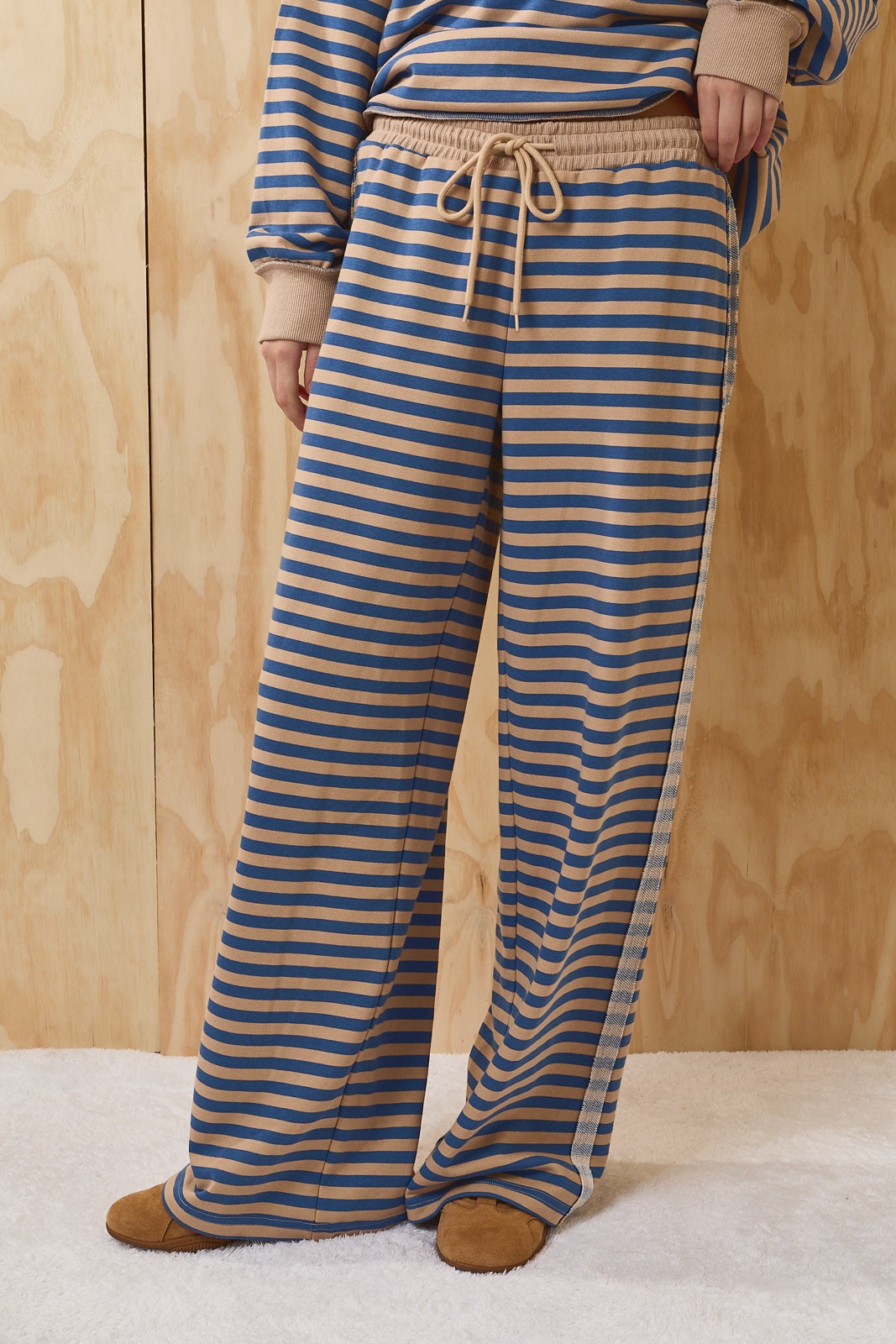 Leisureline Wide Leg Lounge Pants - Tan Blue Stripe