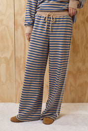 Leisureline Wide Leg Lounge Pants - Tan Blue Stripe