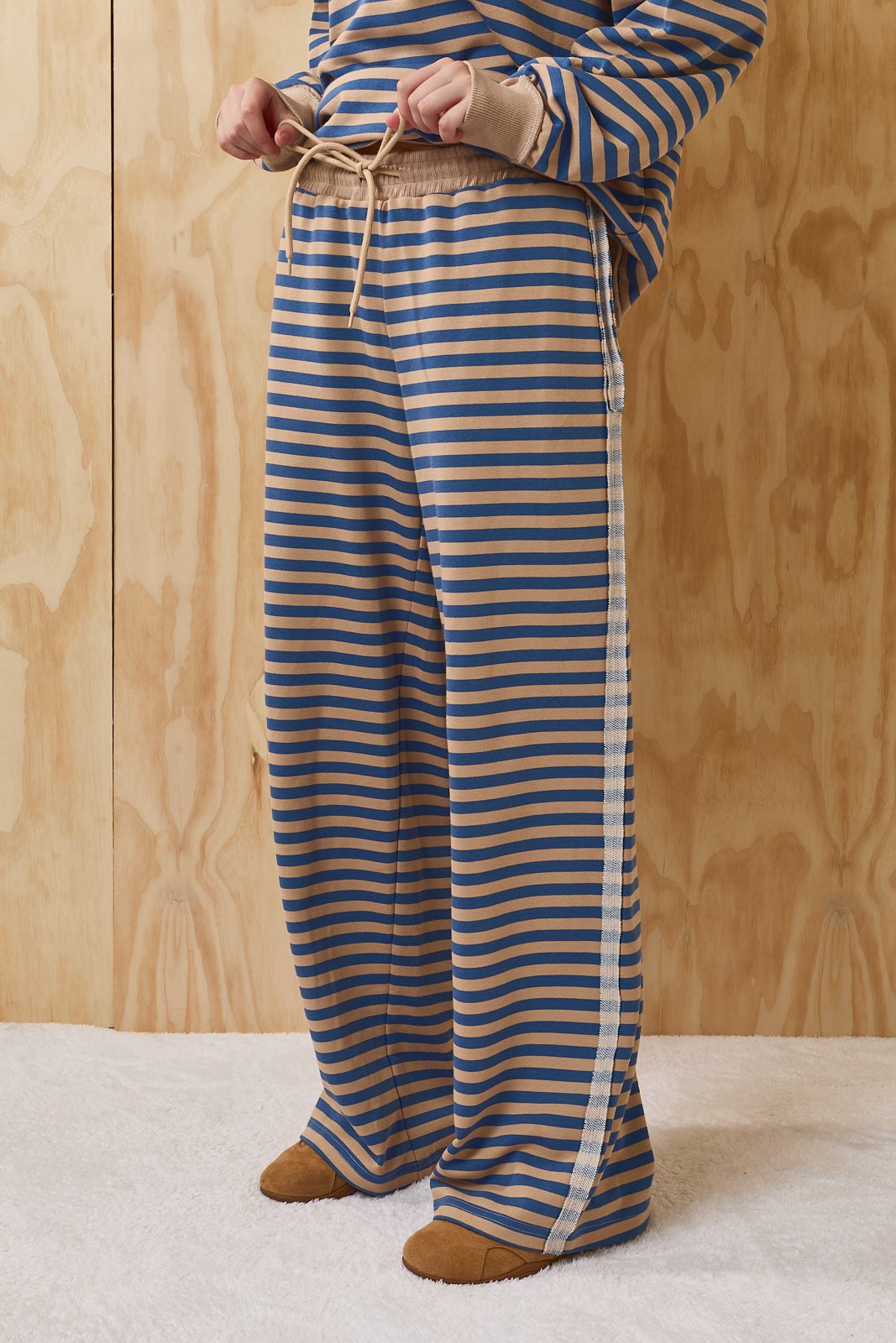Leisureline Wide Leg Lounge Pants - Tan Blue Stripe