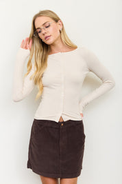 Lena Ribbed Boatneck Cardigan - Beige