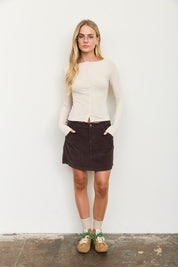 Lena Ribbed Boatneck Cardigan - Beige