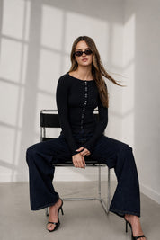 Lena Ribbed Boatneck Cardigan - Black
