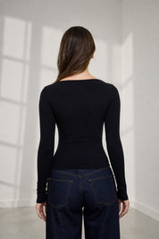 Lena Ribbed Boatneck Cardigan - Black