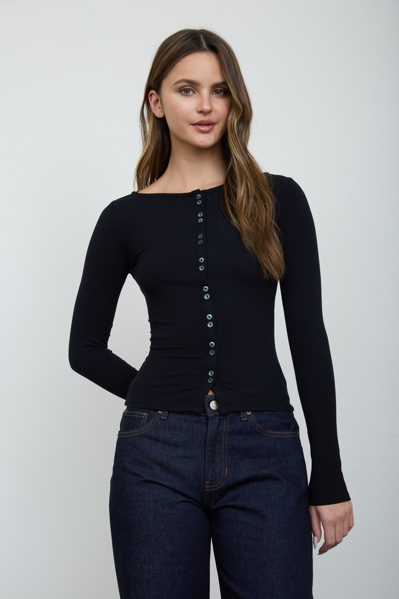 Lena Ribbed Boatneck Cardigan - Black